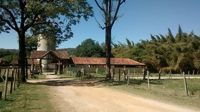 Estrada de terra levando aos galpões de telha da Fazenda Modelo, com silo ao fundo, em Pedro Leopoldo.